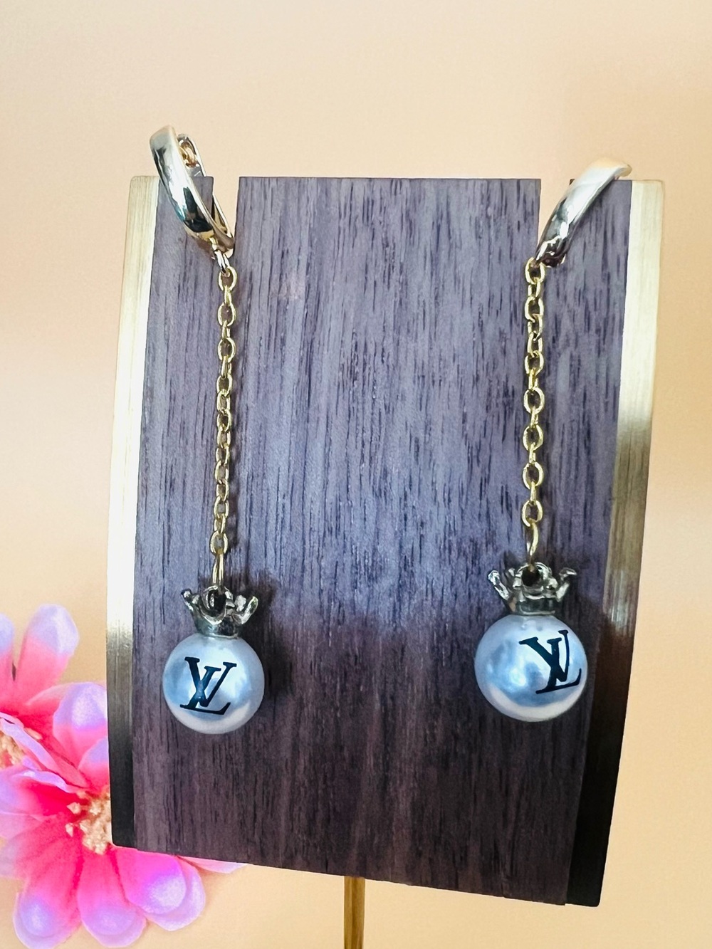 Long Gold plated Faux pearls chain earrings